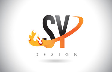 SY S Y Letter Logo with Fire Flames Design and Orange Swoosh.