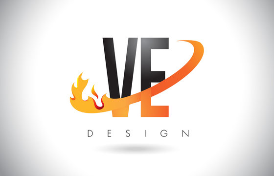 VE V E Letter Logo with Fire Flames Design and Orange Swoosh.