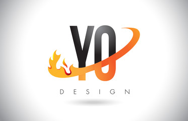 YO Y O Letter Logo with Fire Flames Design and Orange Swoosh.