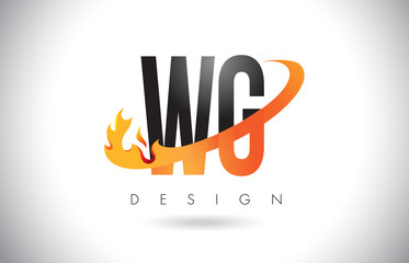 WG W G Letter Logo with Fire Flames Design and Orange Swoosh.