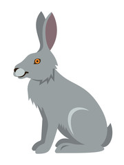 Cute smiling wild hare vector cartoon illustration. Zoo animal icon. Gray adult mammal sitting. Isolated on white. Forest fauna childish character. Simple flat design element. Side view