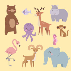 Cute zoo cartoon animals isolated funny wildlife learn cute language and tropical nature safari mammal jungle tall characters vector illustration.