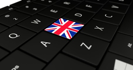 3D rendering close up of United Kingdom flag button on laptop keyboard.