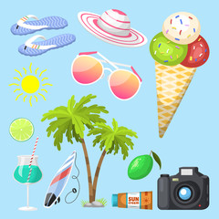 Summer time beach sea shore realistic accessory vector illustration sunshine travel