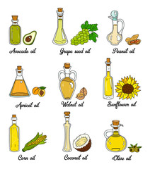 9 cooking oils in cute sketchy bottles. Hand drawn doodle set of edible vegetable food oil. With origin products olive, apricot, corn, grape seed, walnut, coconut, avocado, peanut and sunflower.