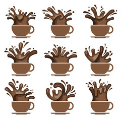 collection of cup with splashing coffee 