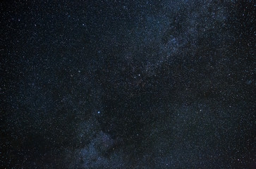 View of the Milky Way Galaxy in the night sky with bright stars. Astrophotography of outer space.