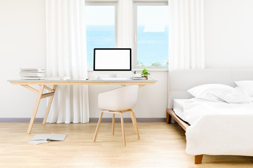 Modern of white bedroom with table work park computer pc mockup and sea beach background at windows, 3D render image