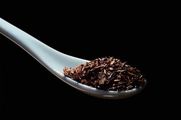 Spoonfull of rooibos red bush Calicotome villosa tea on white laboratory ceramic spoon, black background