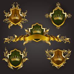 Set of golden royal shields with floral elements, ribbons, laurel wreaths for page, web design. Old frame, border, crown, divider in vintage style for label, emblem, badge, logo. Illustration EPS10