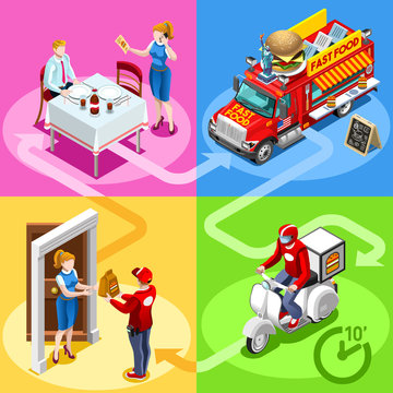 Take away fast food truck and white motor scooter for hamburger fast home delivery vector infographic. Isometric people delivery man processing online order at the client customer door
