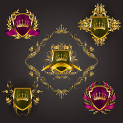 Set of golden royal shields with floral elements, ribbons, laurel wreaths for page, web design. Old frame, border, crown, divider in vintage style for label, emblem, badge, logo. Illustration EPS10