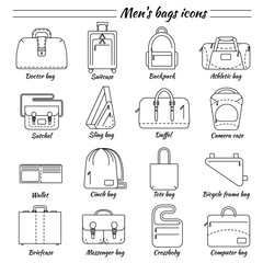 Set of 16 line icons. Different types of men's bag. Backpack, athletic, satchel, sling, camera case, wallet, bicycle frame bag, briefcase, messenger, crossboby etc. Vector illustration.
