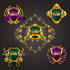 Set of golden royal shields with floral elements, ribbons, laurel wreaths for page, web design. Old frame, border, crown, divider in vintage style for label, emblem, badge, logo. Illustration EPS10