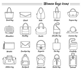 Set of 20 line icons. Different types of women bags. Beach, hobo, shopper, clutch, miniaudiere, handbag, wristlet, baguette, crossbody, bucket, suitcase, backpack etc. Vector illustration.