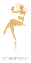 Fototapeta premium Girl taking a selfie in the pool. Retro style. Vector Illustration