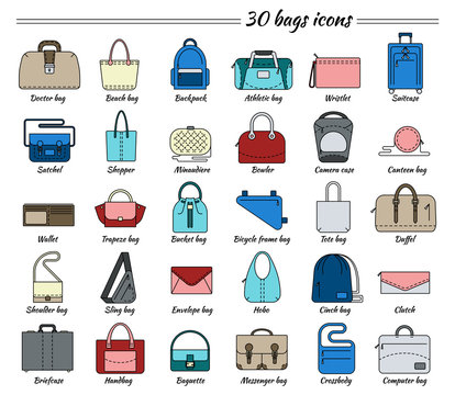Set of 30 colorful pictures in linear style. Different types of bag.  Women's and men's handbag, duffel, purse, cases, clutch, satchel, suitcase,  backpack etc. Vector illustration. Stock Vector