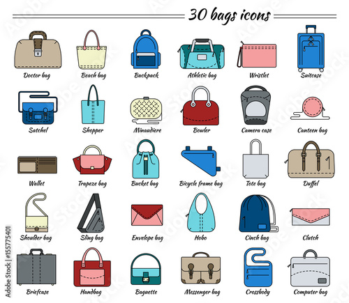 &quot;Set of 30 colorful pictures in linear style. Different types of bag. Women&#39;s and men&#39;s handbag ...