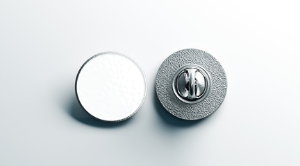 Blank white round silver lapel badge mock up, front and back side view, 3d rendering. Empty hard...