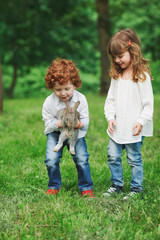 little boy and girl playing with rabbit