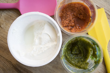 assortment of pesto sauces
