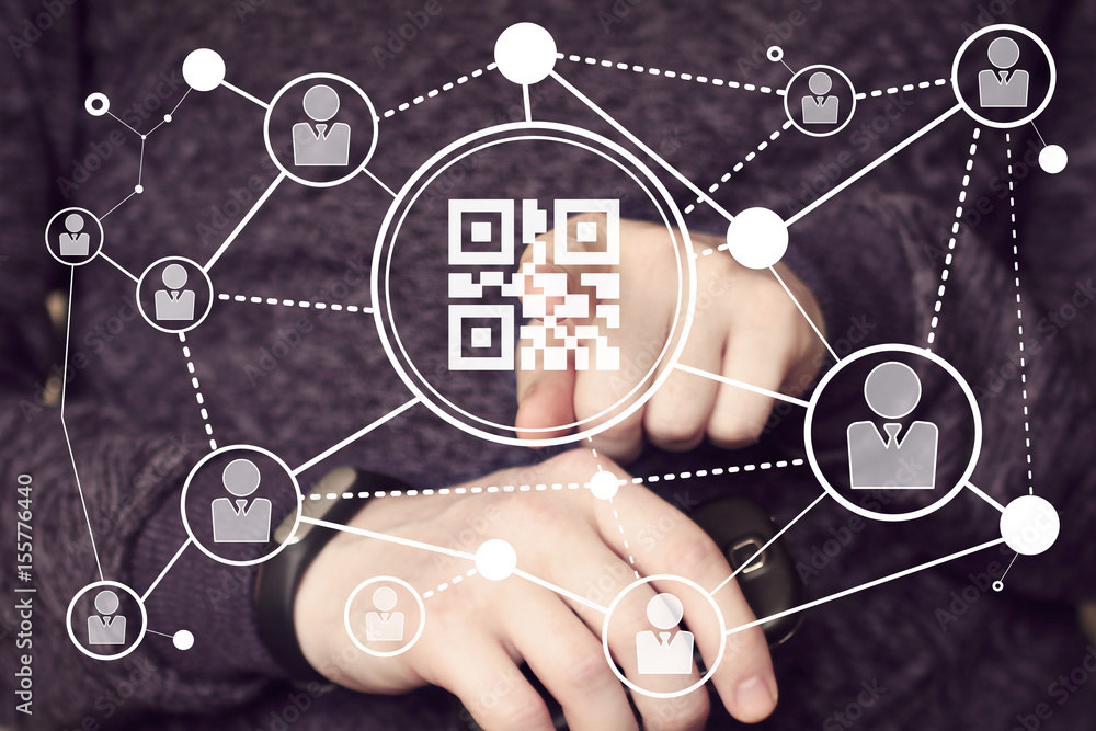 Poster businessman pressing button qr code barcode product on virtual internet panel.