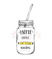 Hand drawn vector abstract creative detox water sign with glass jar and handwritten modern calligraphy quote Home made Detox water isolated on white background.Menu,logo design,sticker,tag,decoration.