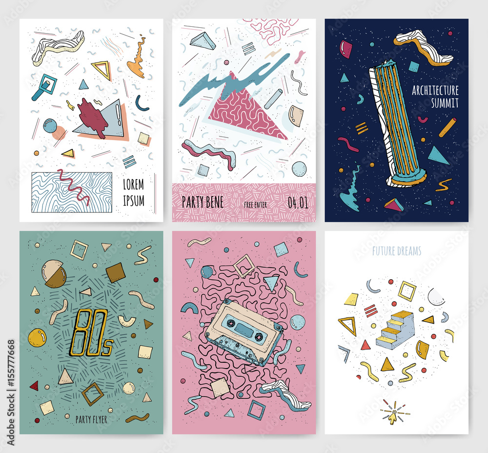 Aufkleber set of abstract modern cards templates with isolated geometric elements. collection of retro style p