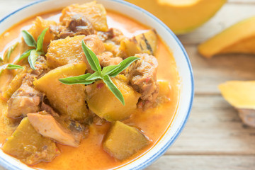 spicy curry chicken with coconut milk and pumpkin,Thai style food
