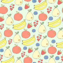 Different fruits and berries seamless vector background. In the cartoon style. Good for children's design