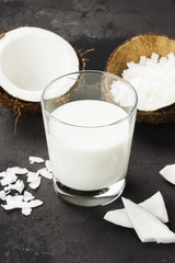 Vegan coconut milk in glass on a dark background. Non-dairy milk