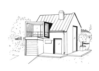 Hand drawn country house. modern private residential house. black and white sketch illustration.