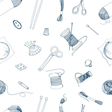 Seamless pattern with knitting and sewing accessories