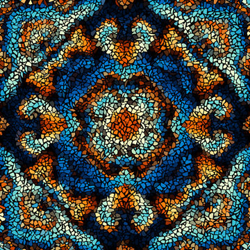 Seamless background pattern. Decorative geometric mosaic pattern on black background.