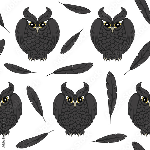 "Seamless, vector pattern with black owls and feathers ...