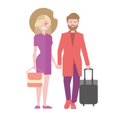 summer travelling together, Fashionable young couple man and woman go on a trip to summer vacation, honeymoon trip