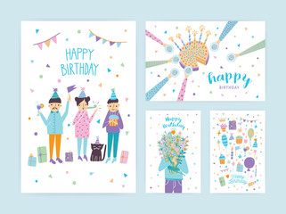 Happy birthday cards set. Collection of cartoon postcards.