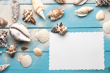 Fototapeta na wymiar Marine summer postcard. Seashells on blue wooden boards in the sand on the beach