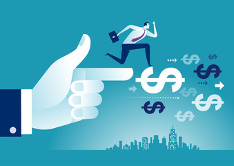 Helping Hand. Hand helps businessman to step on a dollar sign. Concept business vector  illustration.
