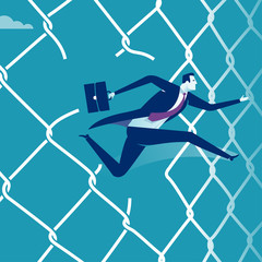 Breaking through. Manager escaping through the fence. Concept business illustration.