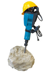 construction concept - jackhammer in concrete and yellow helmet isolated over white