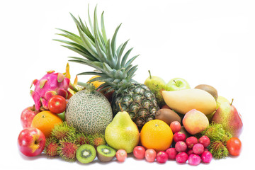 Fototapeta na wymiar Goup of tropical fruits isolated on white background