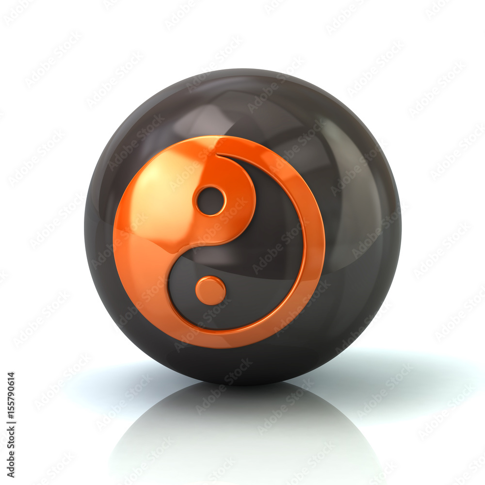 Wall mural orange yin yang icon on black glossy sphere