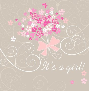 Baby girl arrival announcement card with pink bouquet