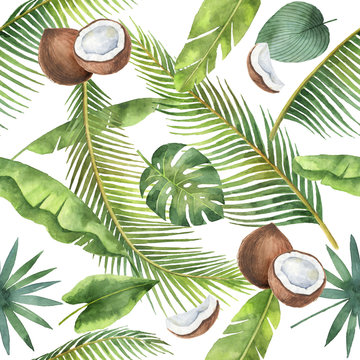 Watercolor seamless pattern of coconut and palm trees isolated on white background.