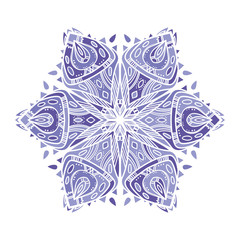 Openwork star in shades of purple. Ethnic graphic element. Big mandala seems like snowflake. It can be used for printing on t-shirts, postcards, or used as ideas for tattoos.