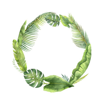 Watercolor round frame tropical leaves and branches isolated on white background.