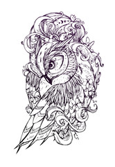Beautiful illustration with owl. The owl inside ocean waves with sakura flowers. It can be used for printing on t-shirts and idea for tattoo.