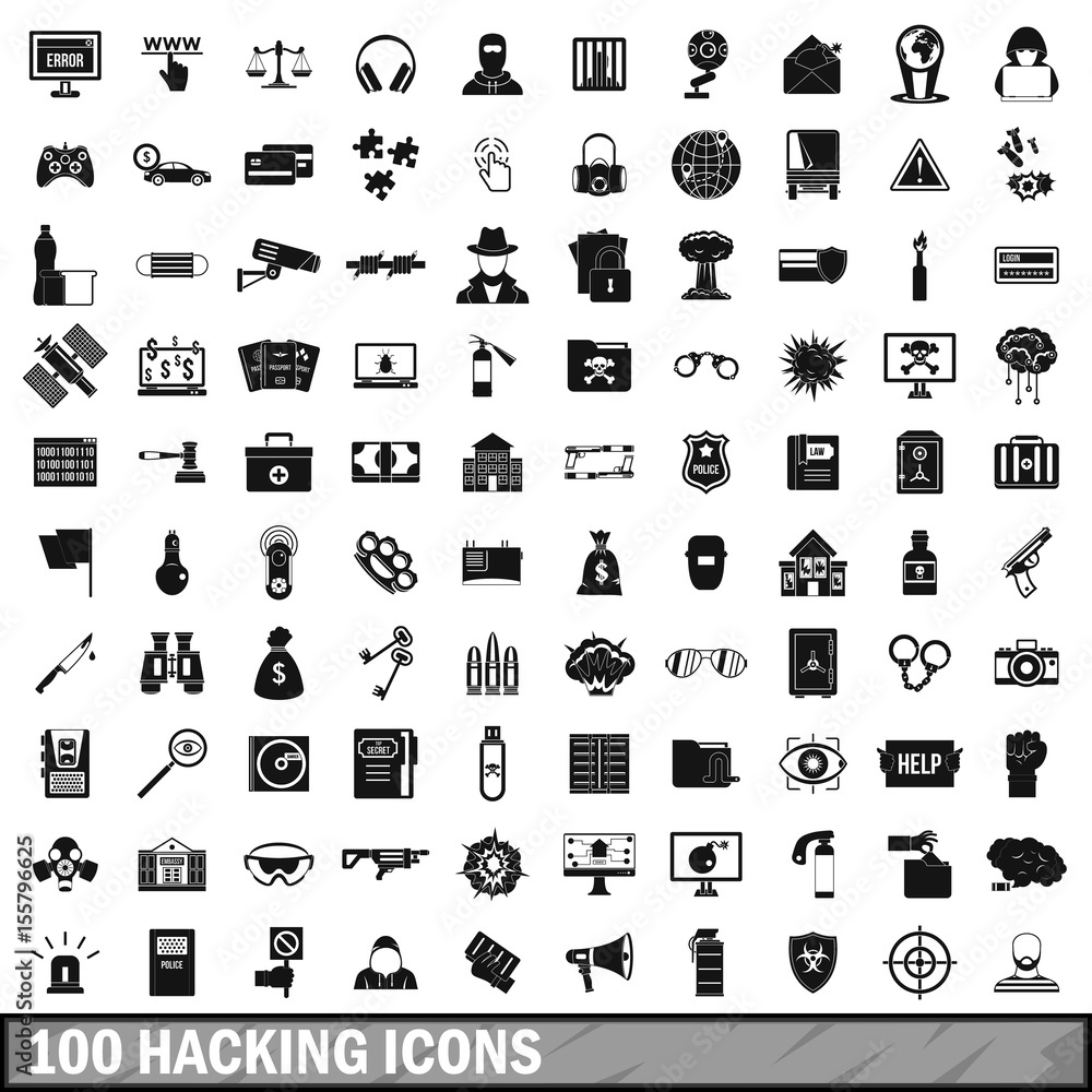 Poster 100 hacking icons set, simple style