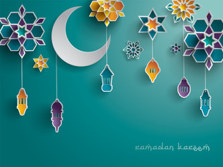 Paper graphic of Islamic decoration. Geometry art, Crescent moon and Arabic lantern. Ramadan Kareem - Glorious month of Muslim year.